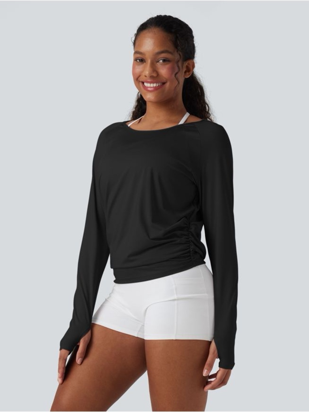 HALARA Black Long-Sleeve Pullover Top with Side Ruching